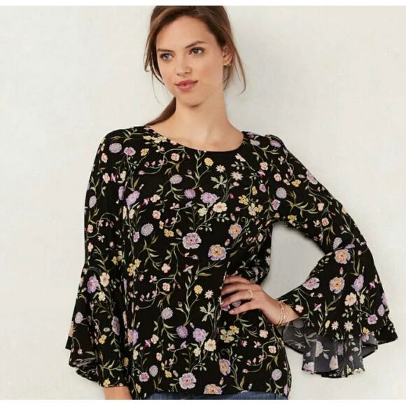 LC Lauren Conrad Boho Floral Bell Sleeve Blouse Medium Ruffle Flutter Sleeve - Picture 1 of 12